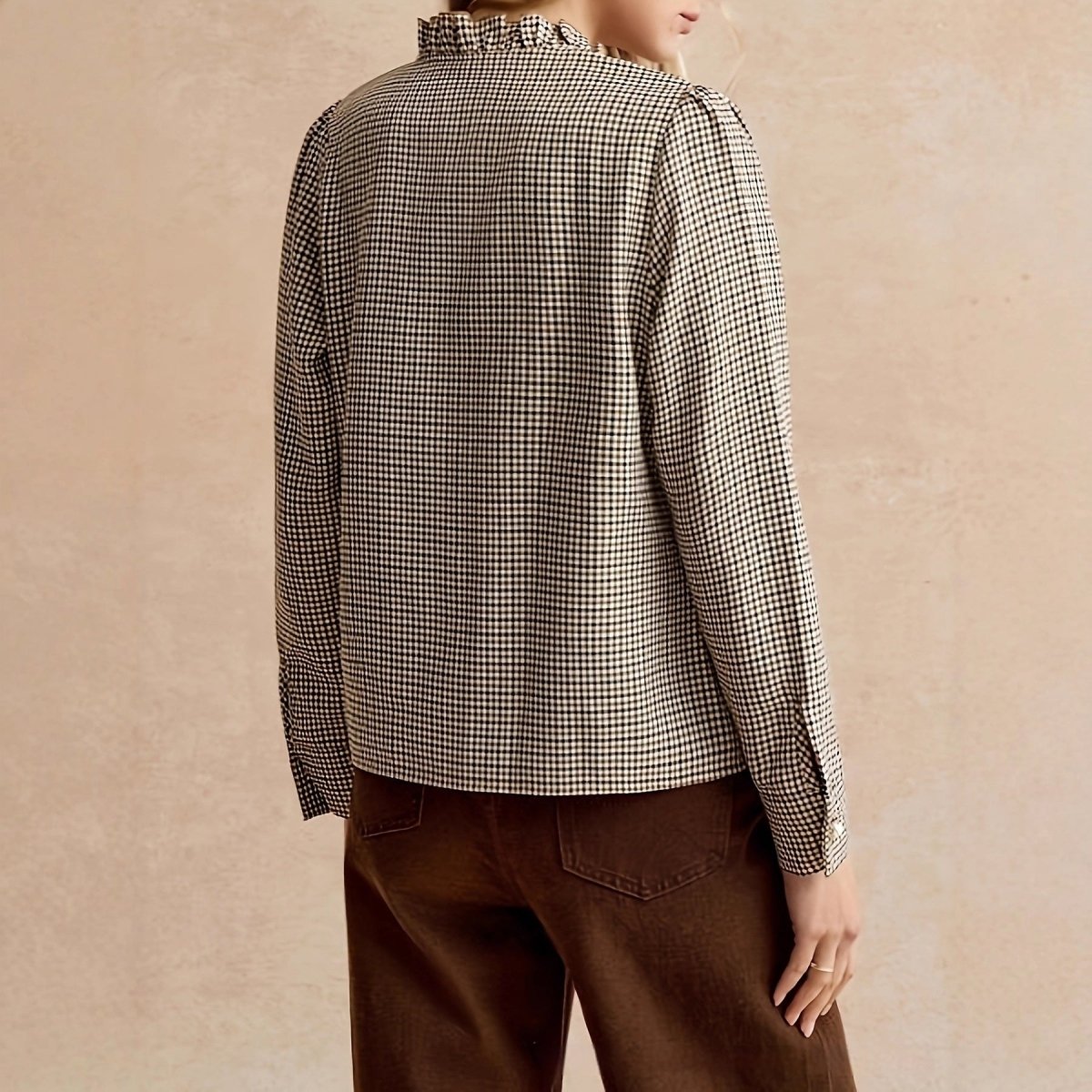 Houndstooth Ruffled Small Stand - up Collar Side - button - front Shirt - Eshtree