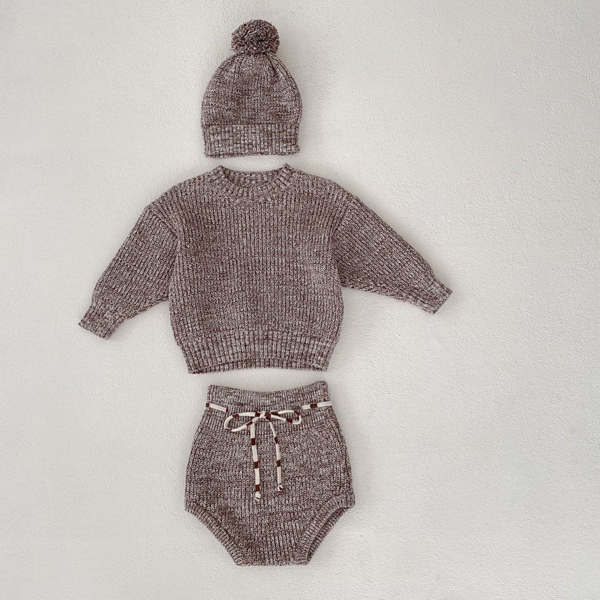 Infant Baby Girl Mixed Color Thick Needle Pullover Pants Pullover Fur Ball Knitted Hat 3 - piece Set - Eshtree