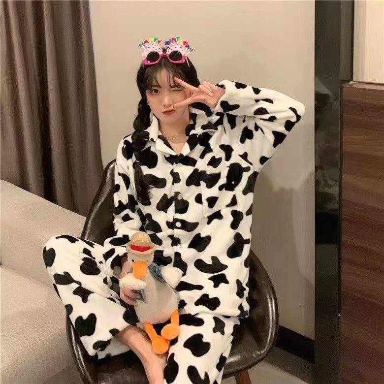 Ins Black And White Contrast Color Cow Pajamas Flannel Autumn And Winter Warm Cartoon Sweet Homewear - Eshtree