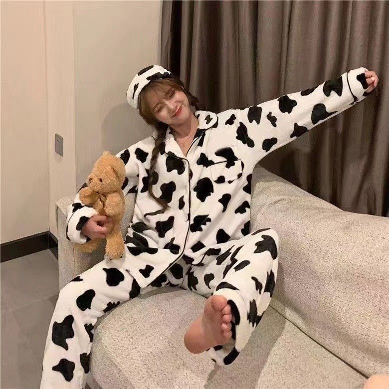 Ins Black And White Contrast Color Cow Pajamas Flannel Autumn And Winter Warm Cartoon Sweet Homewear - Eshtree