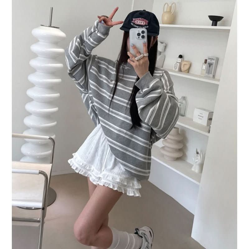 Korean Retro Preppy - Style Striped Long - Sleeve Sweatshirt - Eshtree