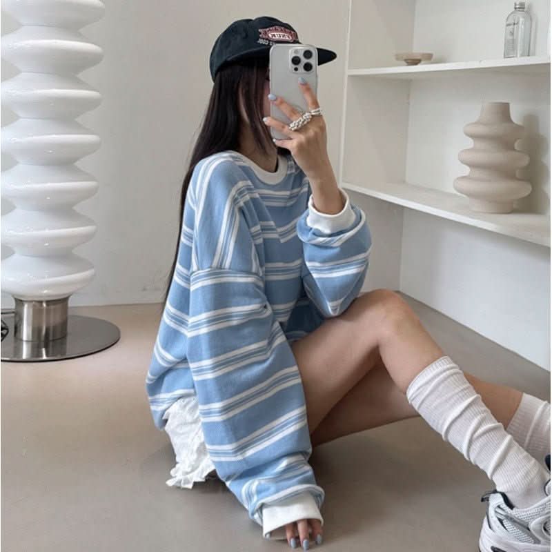 Korean Retro Preppy - Style Striped Long - Sleeve Sweatshirt - Eshtree