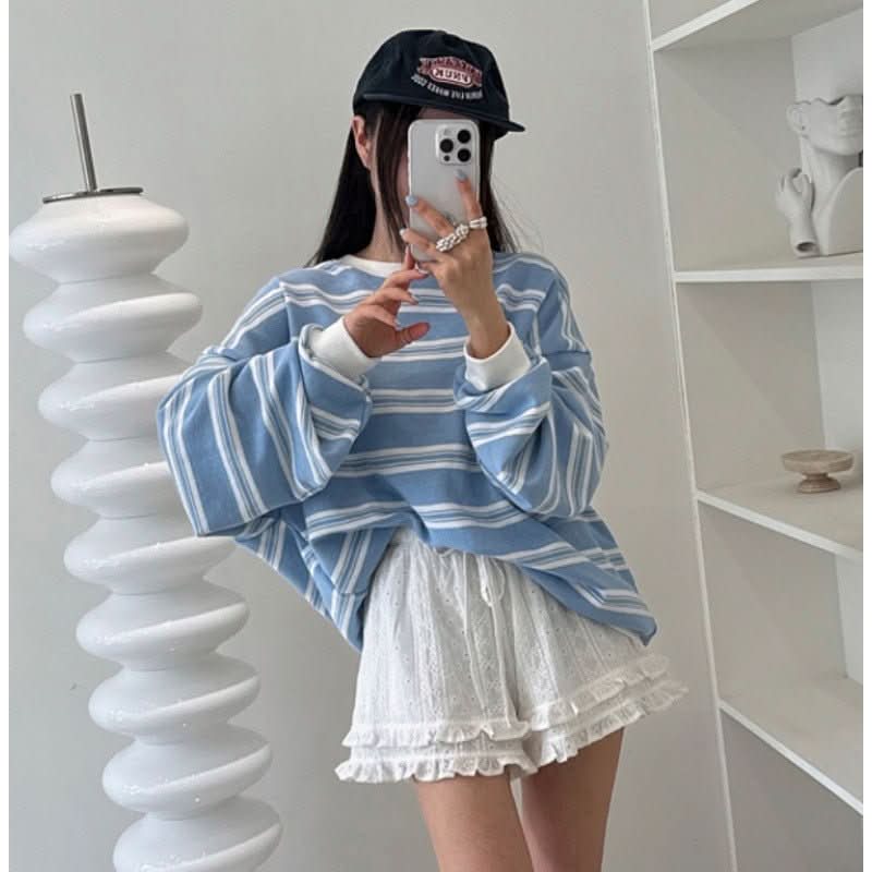 Korean Retro Preppy - Style Striped Long - Sleeve Sweatshirt - Eshtree