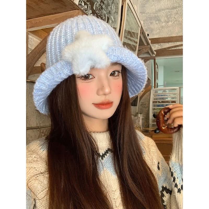 Korean - style Cute Plush Star Knitted Bucket Hat - Eshtree