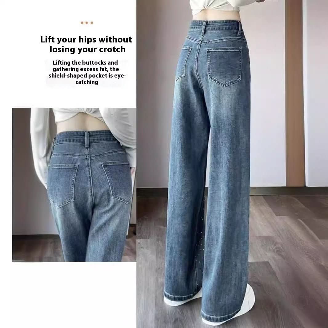 Korean Style Rhinestone High Waist Narrow Wide Leg Jeans - Eshtree
