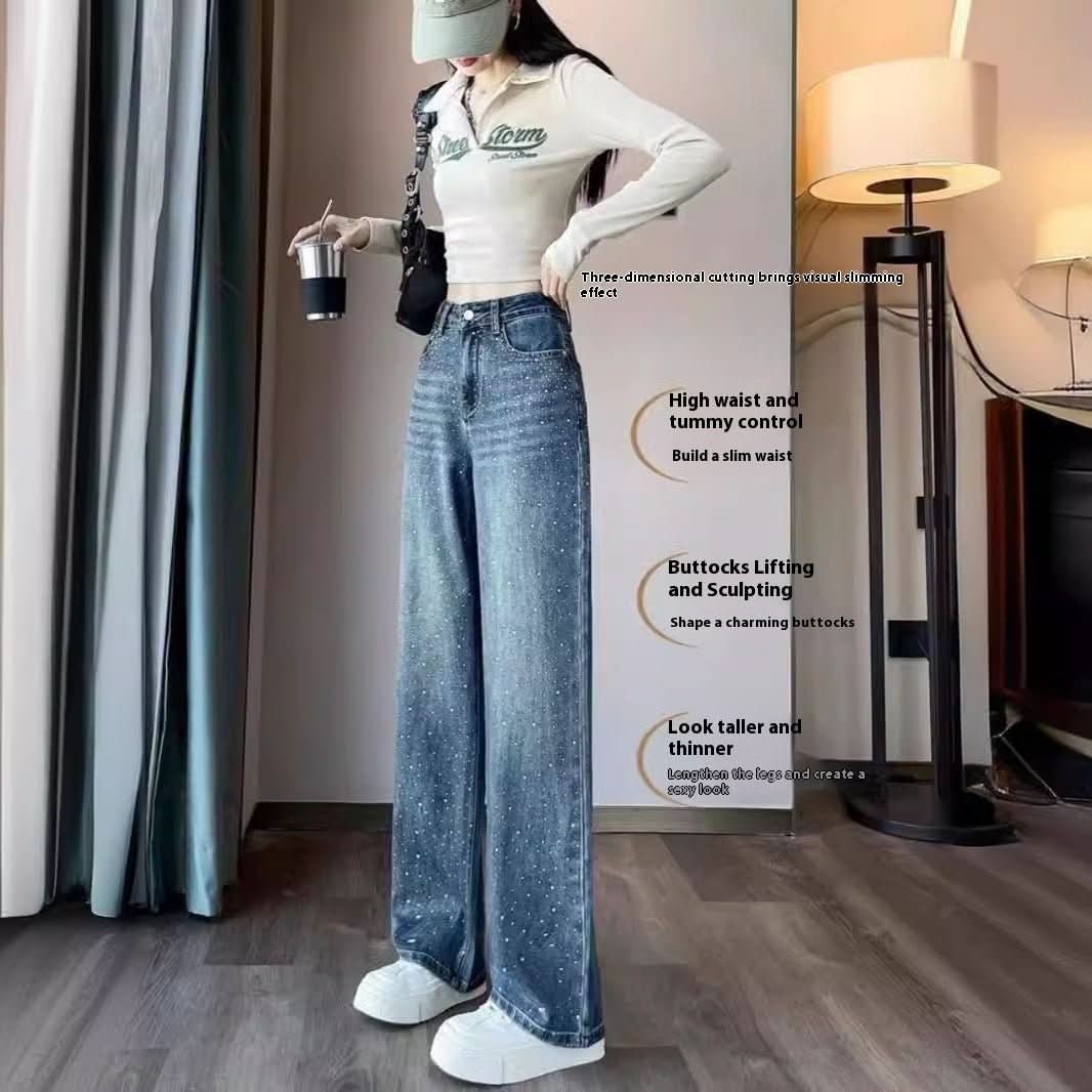 Korean Style Rhinestone High Waist Narrow Wide Leg Jeans - Eshtree