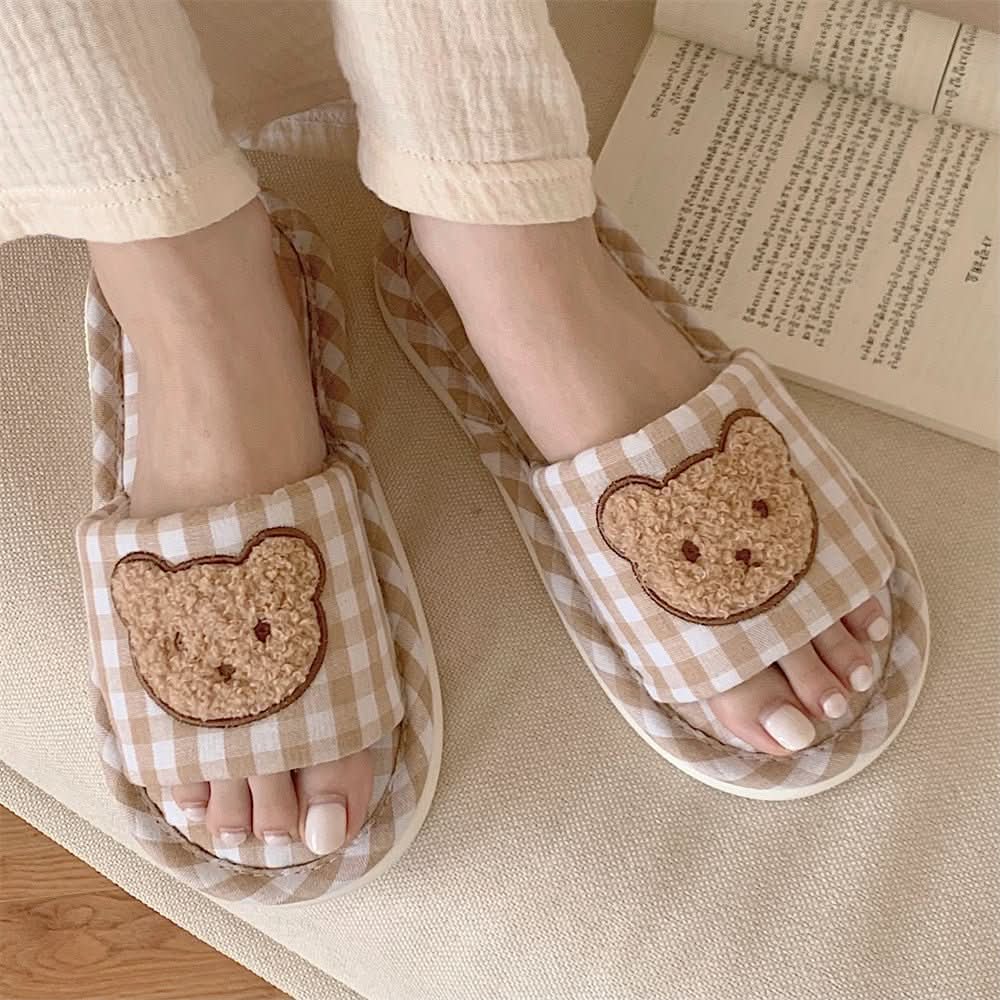 Ladies New Soft Bottom Cute Plaid Bear Home Air - conditioned Room Linen Slippers - Eshtree