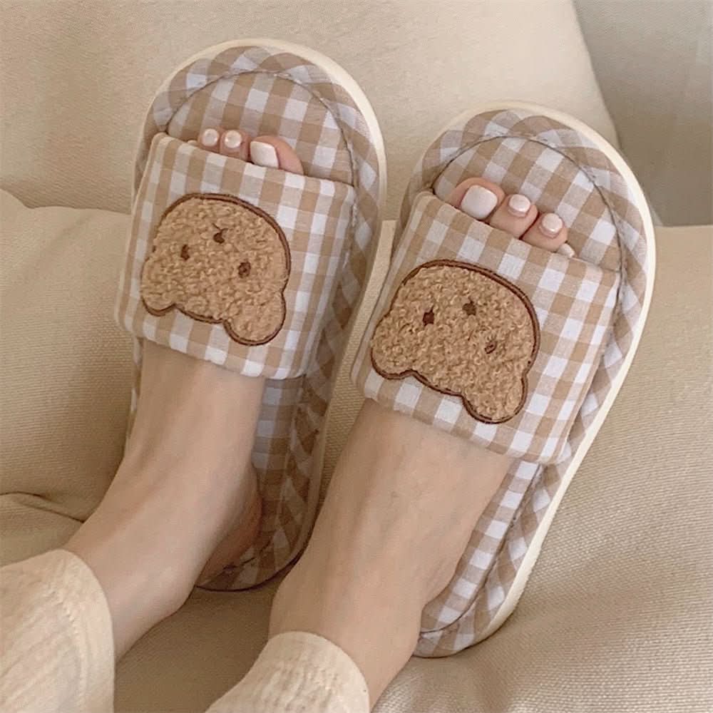 Ladies New Soft Bottom Cute Plaid Bear Home Air - conditioned Room Linen Slippers - Eshtree