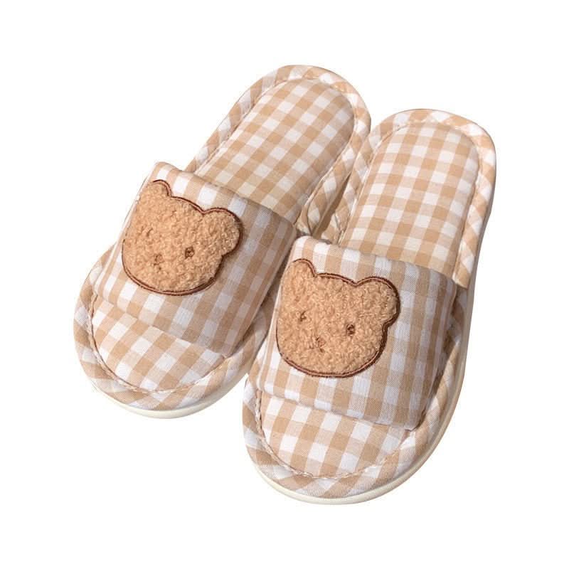 Ladies New Soft Bottom Cute Plaid Bear Home Air - conditioned Room Linen Slippers - Eshtree