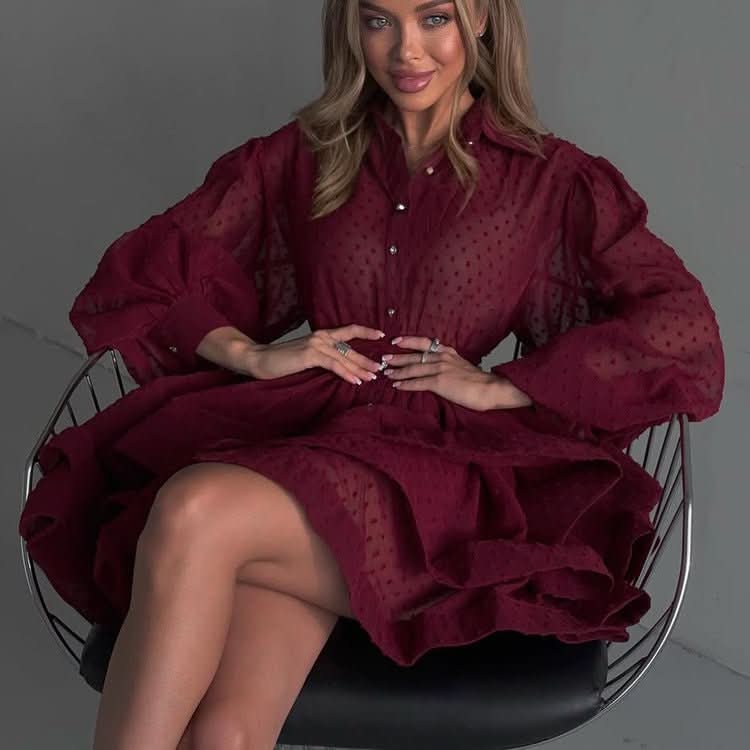 Lapel - collar Long - sleeve Single - breasted Button - up Belted Shirt Dress - Eshtree