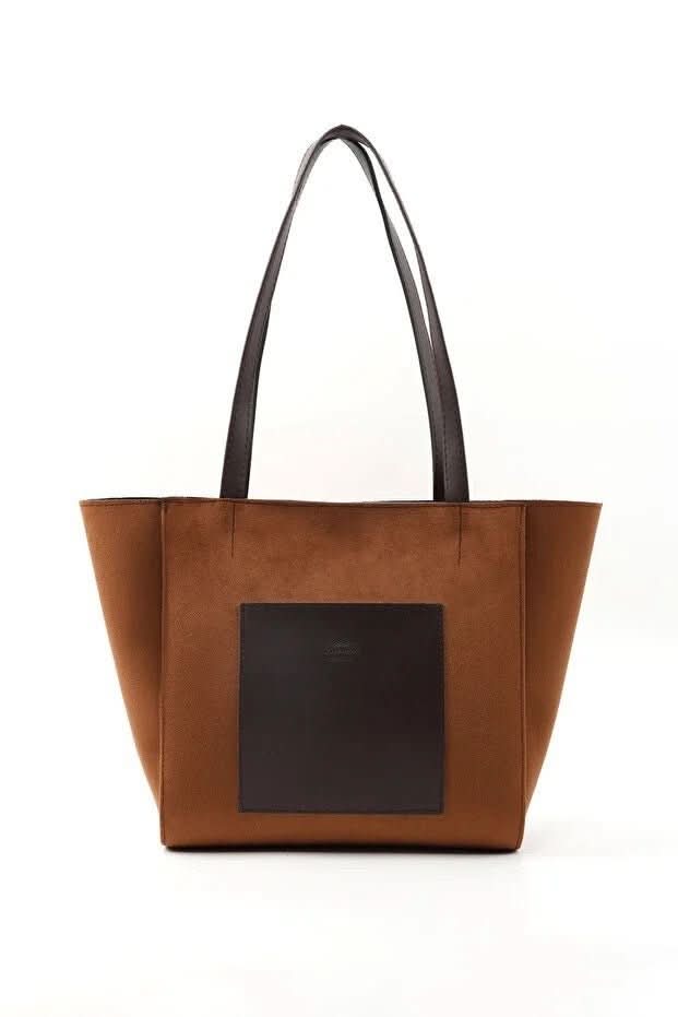 Large Faux Leather Zip Closure Tote Bag With Front Pocket Hand Arm And Shoulder Bag Brown - Eshtree