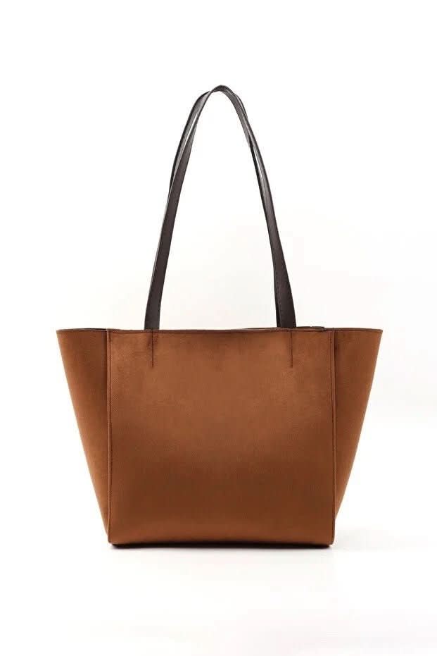 Large Faux Leather Zip Closure Tote Bag With Front Pocket Hand Arm And Shoulder Bag Brown - Eshtree