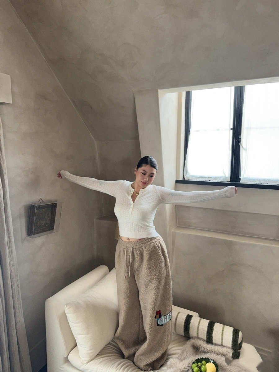 Large Loose Cute Sausage Puppy Embroidery Lamb Wool Wide Leg Casual Pants - Eshtree