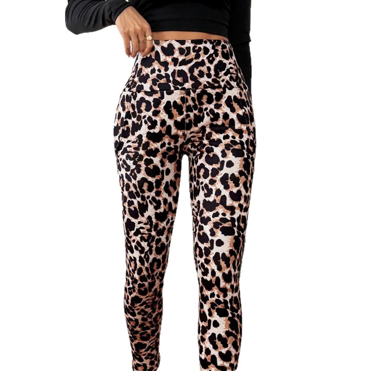 Leopard Print Cashmere Leggings High Waist Slimming And Velvet Padded Warm Side Pocket - Eshtree