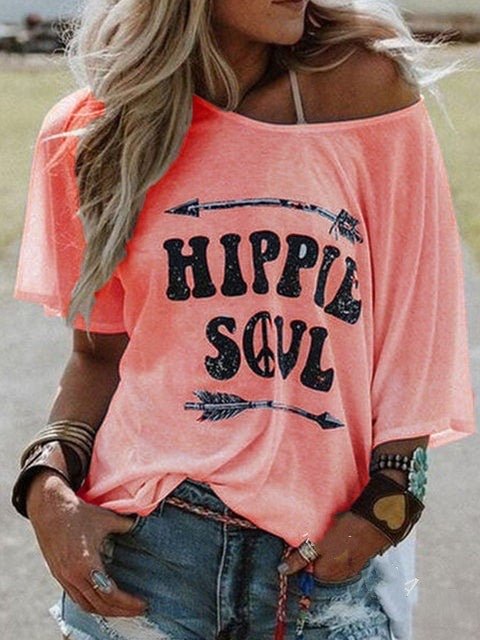 Letter Print Casual Round Neck Short - Sleeved T-Shirt - Eshtree