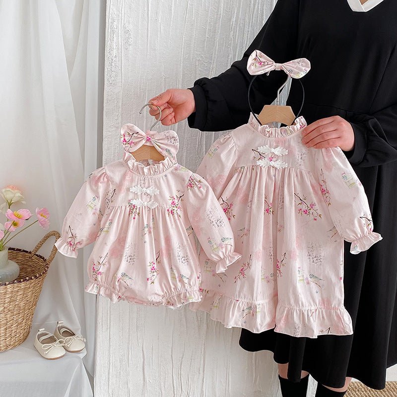 Long Sleeve Baby Girl Triangle Rompers Retro Tang Style Dress - Eshtree