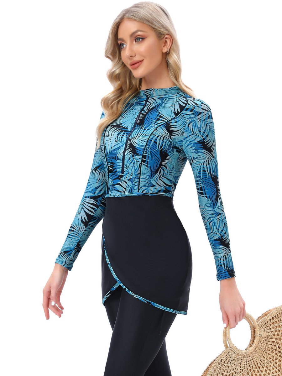 Long Sleeve Zipper Muslim Swimsuit With Hat Chest Pad 3 Piece Conservative - Eshtree