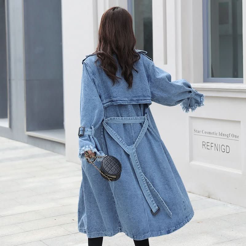 Loose Mid - length Coat With Belt Double Breasted Denim Women's Windbreaker - Eshtree