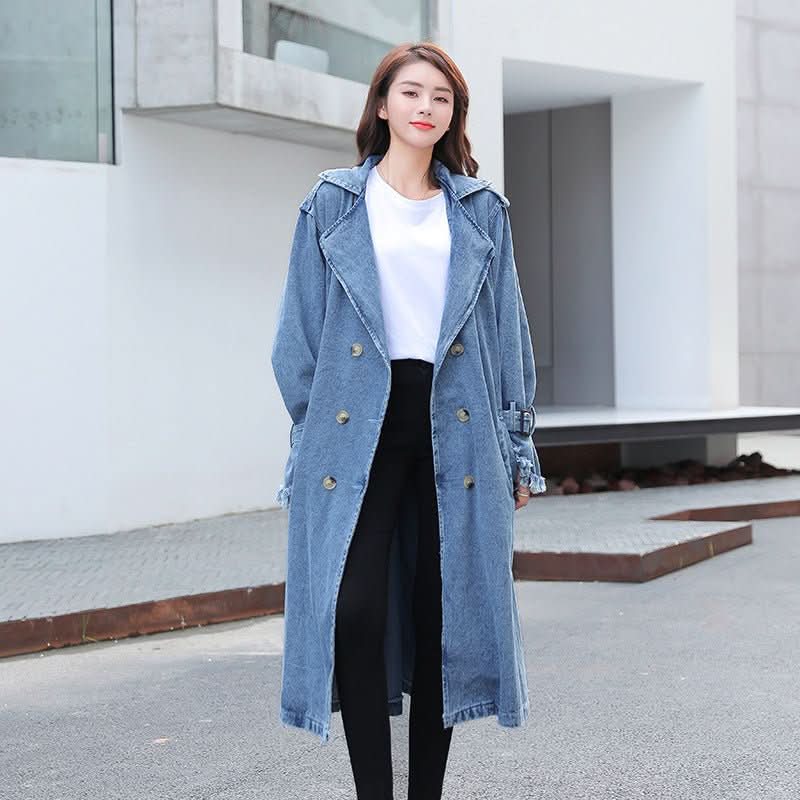 Loose Mid - length Coat With Belt Double Breasted Denim Women's Windbreaker - Eshtree