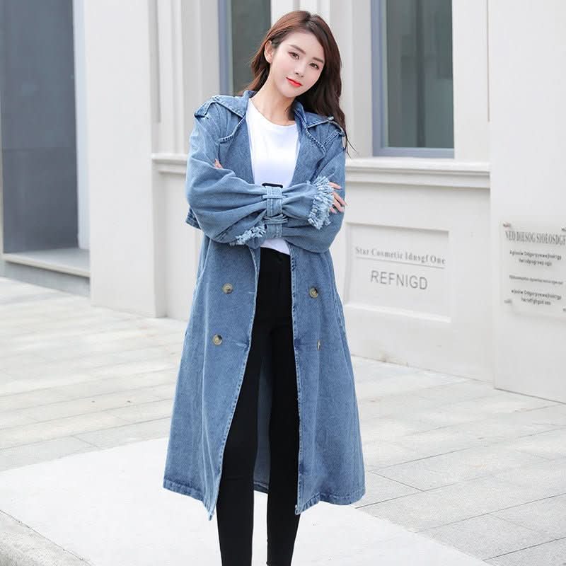 Loose Mid - length Coat With Belt Double Breasted Denim Women's Windbreaker - Eshtree
