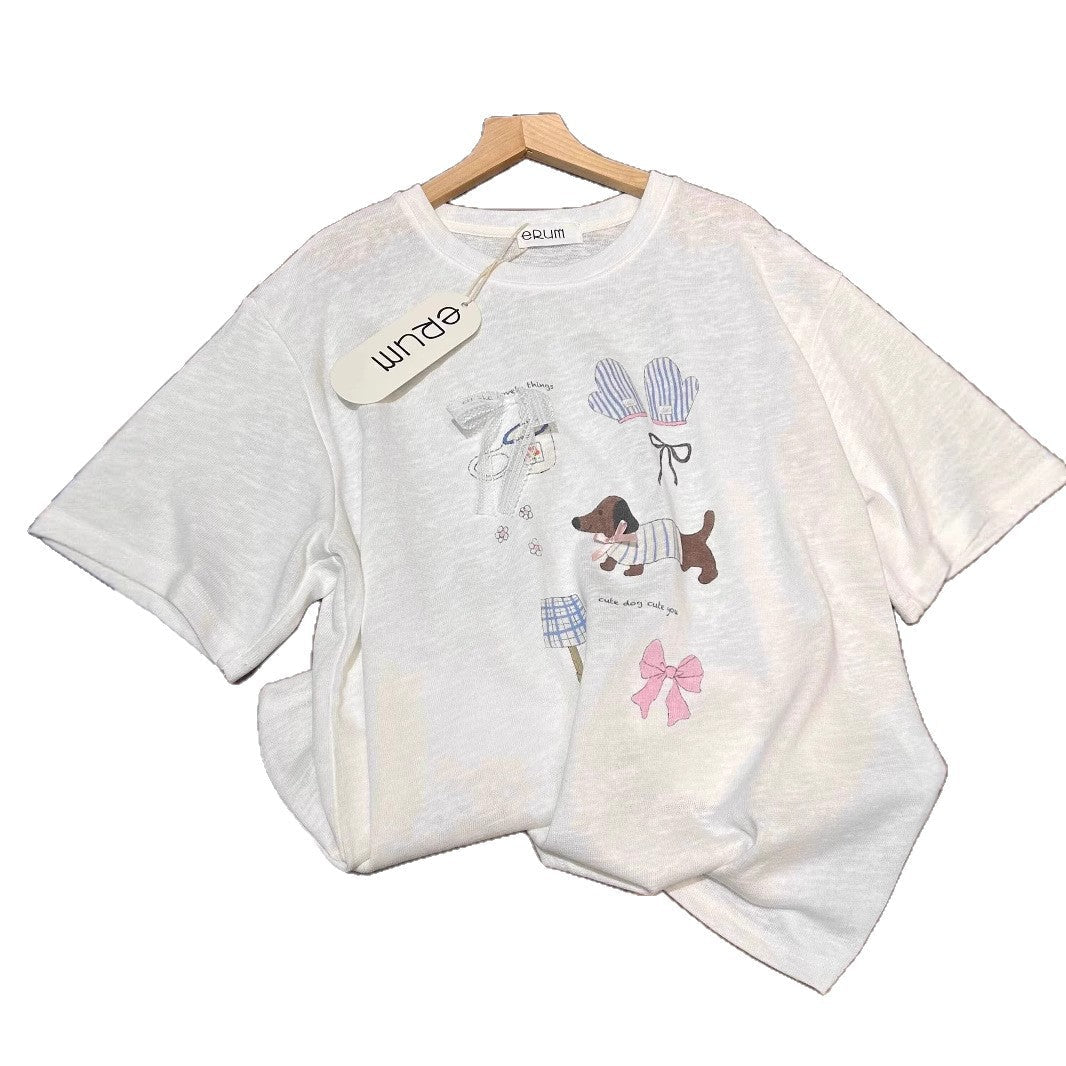 Loose Top Bow Print Cotton Crew Neck Short Sleeves T-shirt - Eshtree
