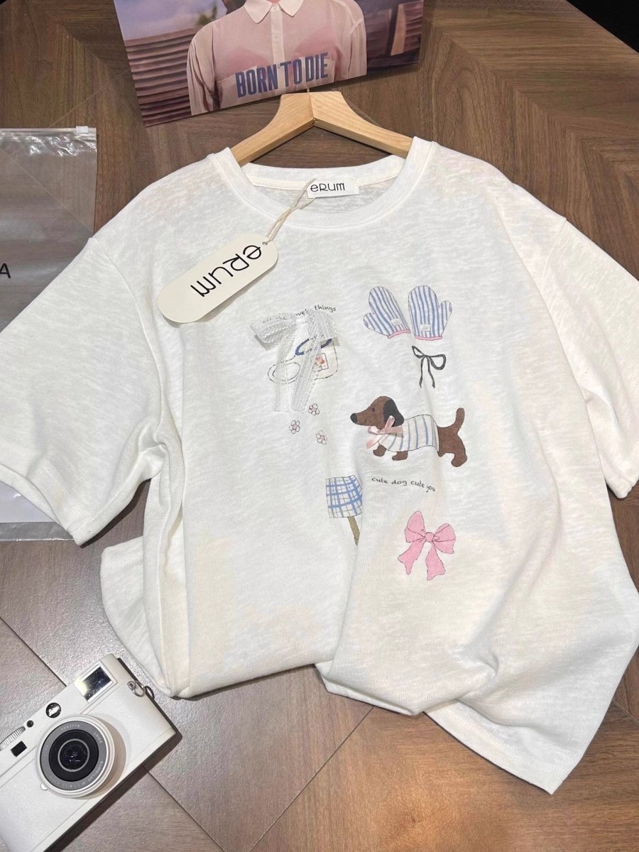 Loose Top Bow Print Cotton Crew Neck Short Sleeves T-shirt - Eshtree