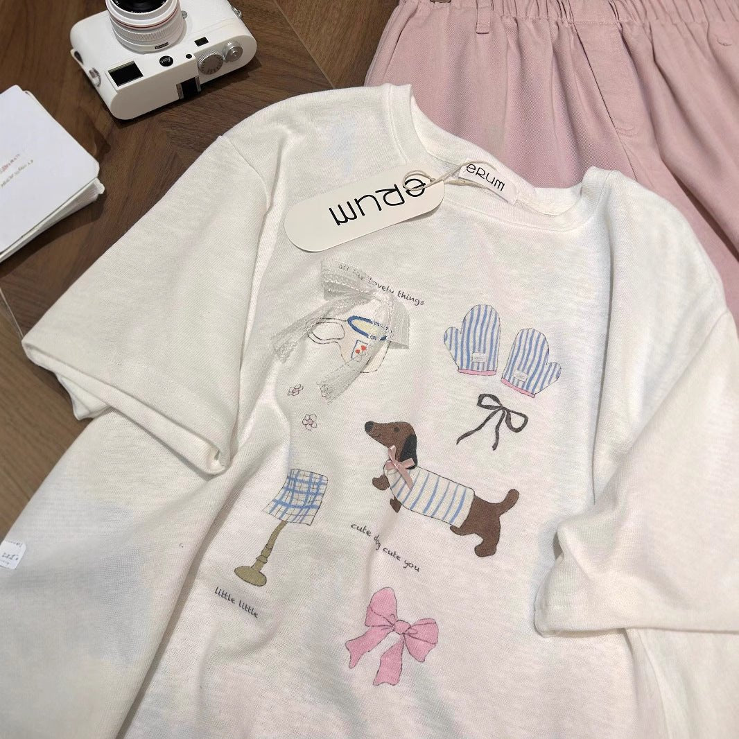 Loose Top Bow Print Cotton Crew Neck Short Sleeves T-shirt - Eshtree