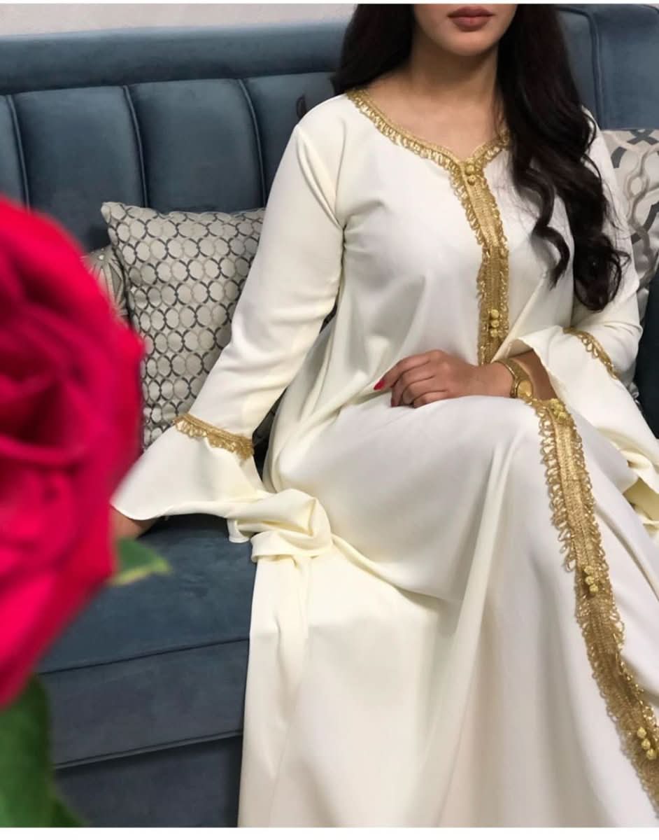 Lotus Leaf Sleeve Embroidered Gold Lace Dress - Eshtree