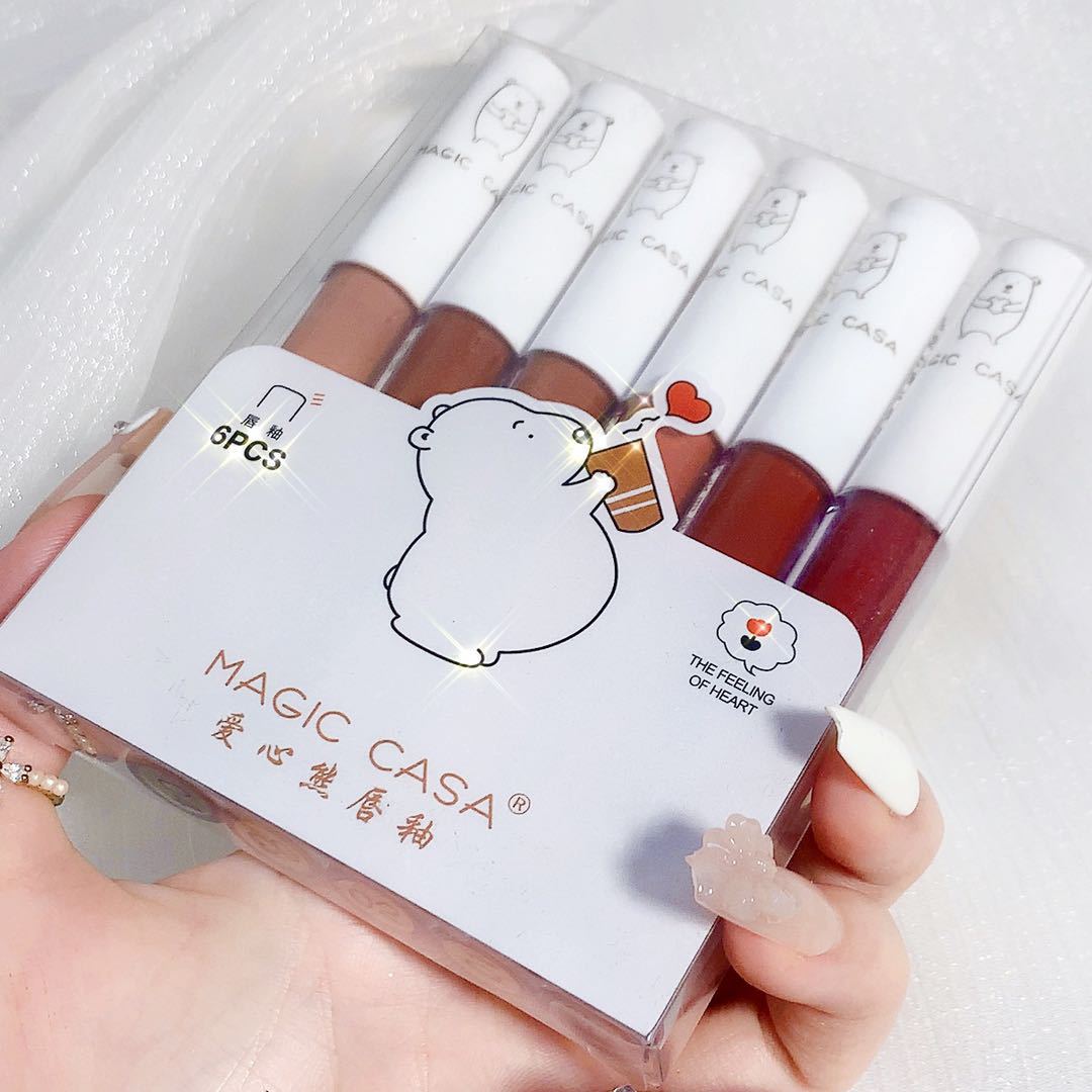 MAGIC CASA Love Bear Lip Lacquer Six Sets Not Easy To Fade Lipstick Matte Moisturizing Lip Mud Cross - border Makeup - Eshtree