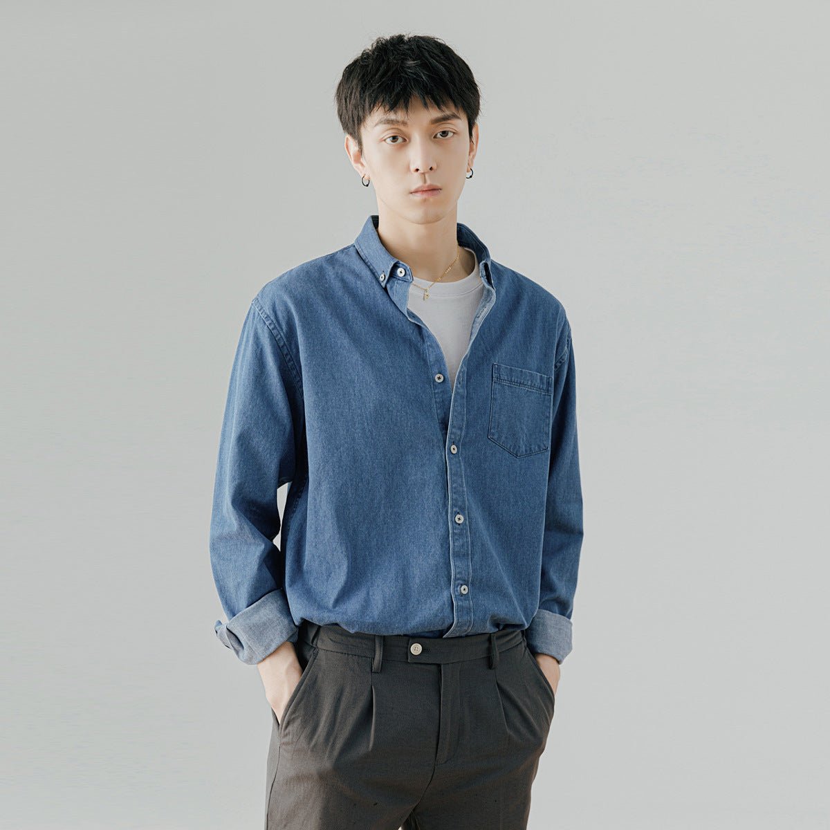 Men's Denim Long - sleeved Shirt Trendy Casual Solid Color Work Clothes Shirt Coat - Eshtree