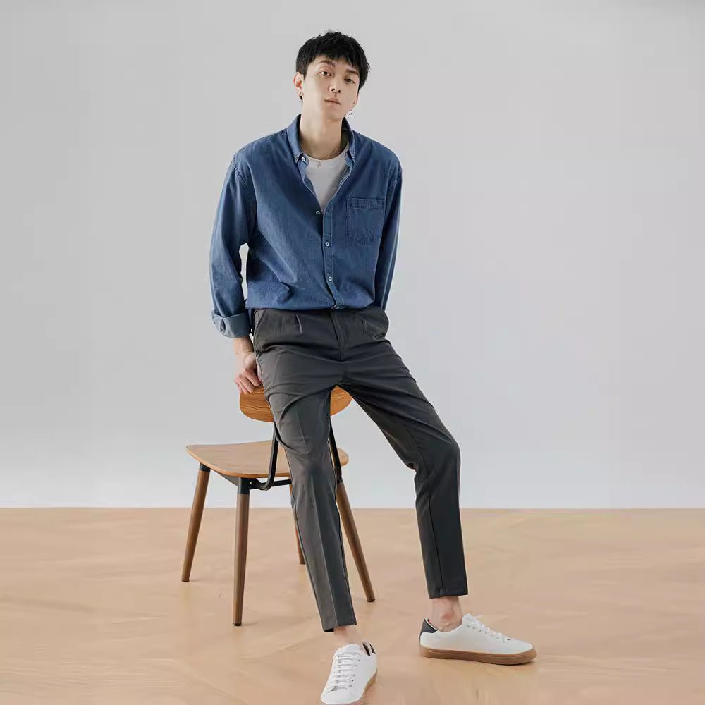 Men's Denim Long - sleeved Shirt Trendy Casual Solid Color Work Clothes Shirt Coat - Eshtree