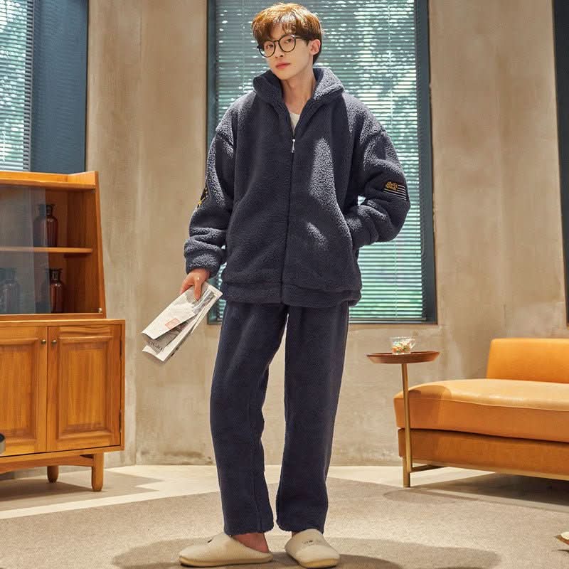 Men's Flannel Pajamas Stand Collar Zipper With Extra Thickness For Warmth - Eshtree