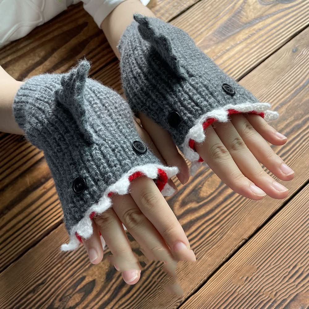 New Cartoon Grey Shark Warm Half Finger Knitted Gloves - Eshtree