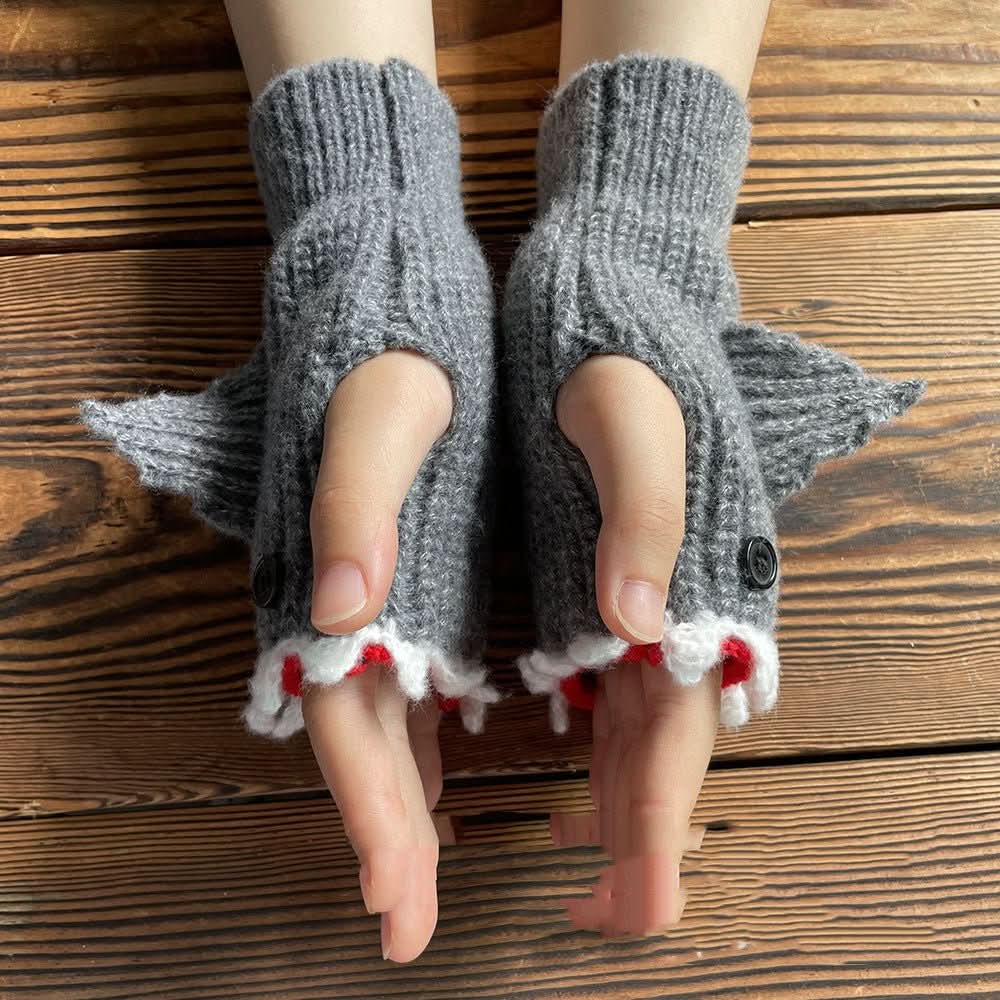 New Cartoon Grey Shark Warm Half Finger Knitted Gloves - Eshtree