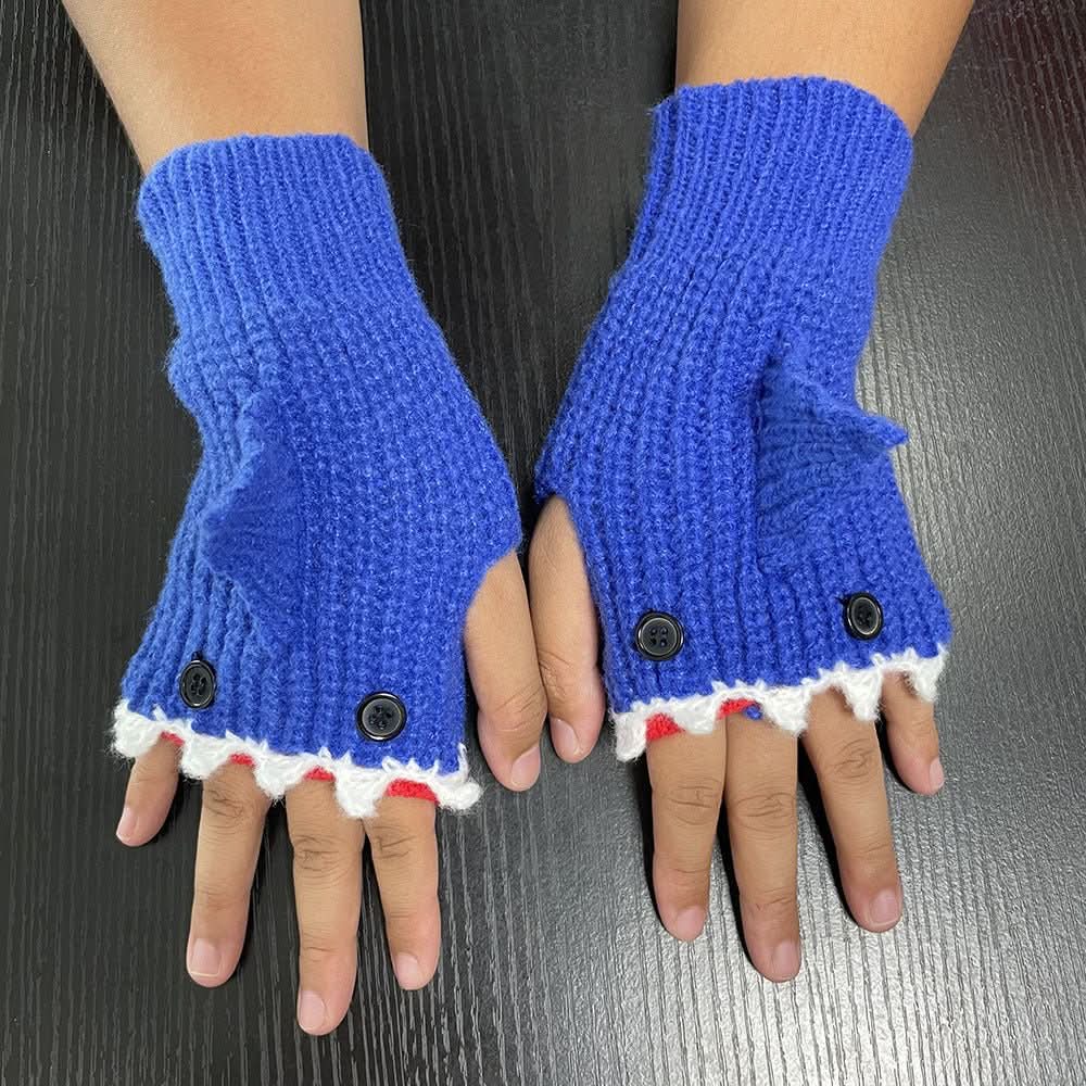 New Cartoon Grey Shark Warm Half Finger Knitted Gloves - Eshtree