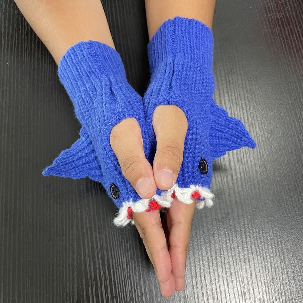 New Cartoon Grey Shark Warm Half Finger Knitted Gloves - Eshtree