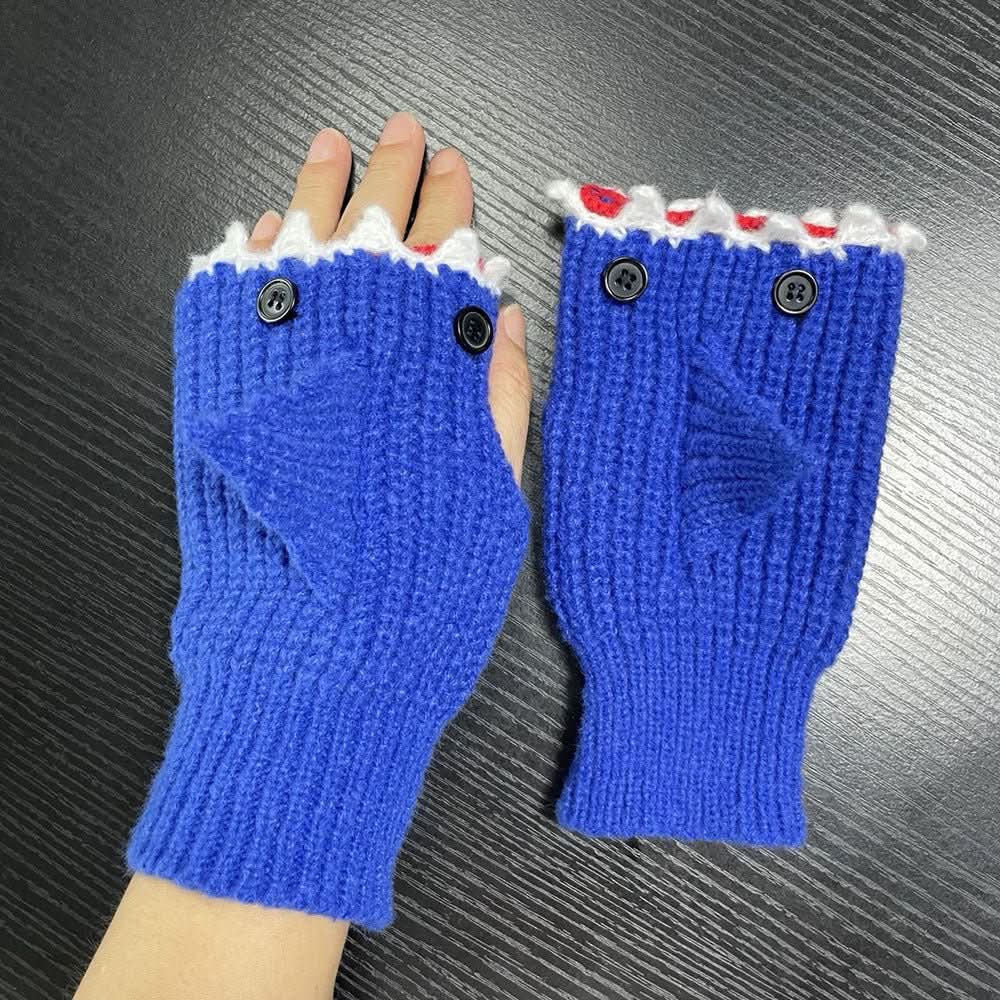 New Cartoon Grey Shark Warm Half Finger Knitted Gloves - Eshtree
