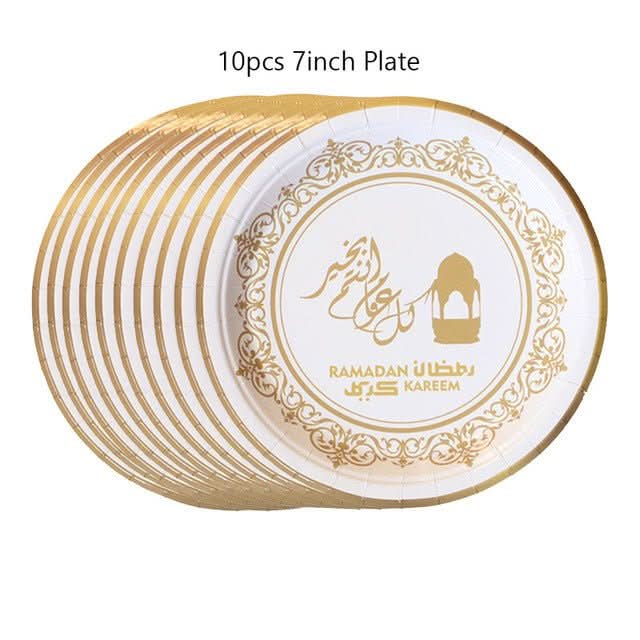 New EID Mubarak Disposable Dinner Plate White Black Ramadan - Eshtree