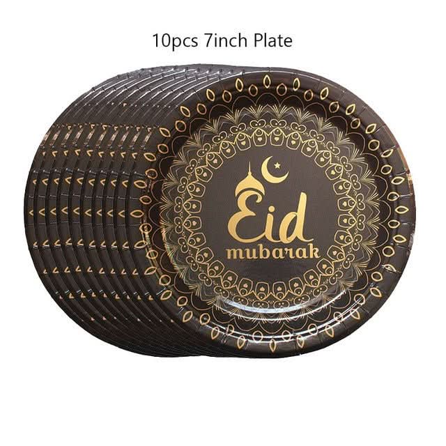 New EID Mubarak Disposable Dinner Plate White Black Ramadan - Eshtree
