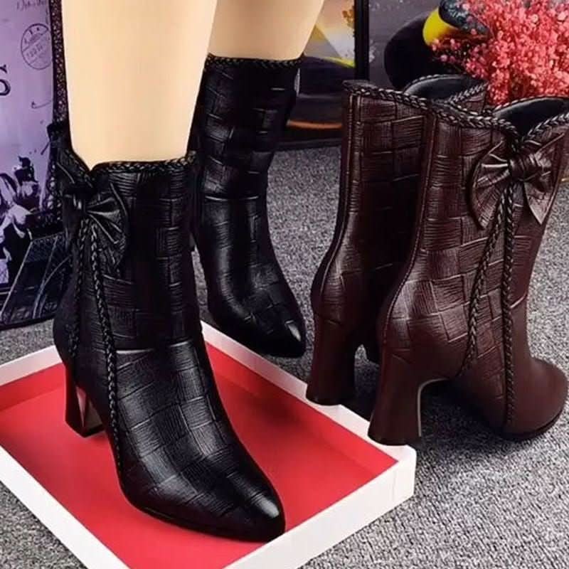 New Fallwinter Velvet Lined Fashion Leather Boots Mid Calf High Heeled Boots - Eshtree