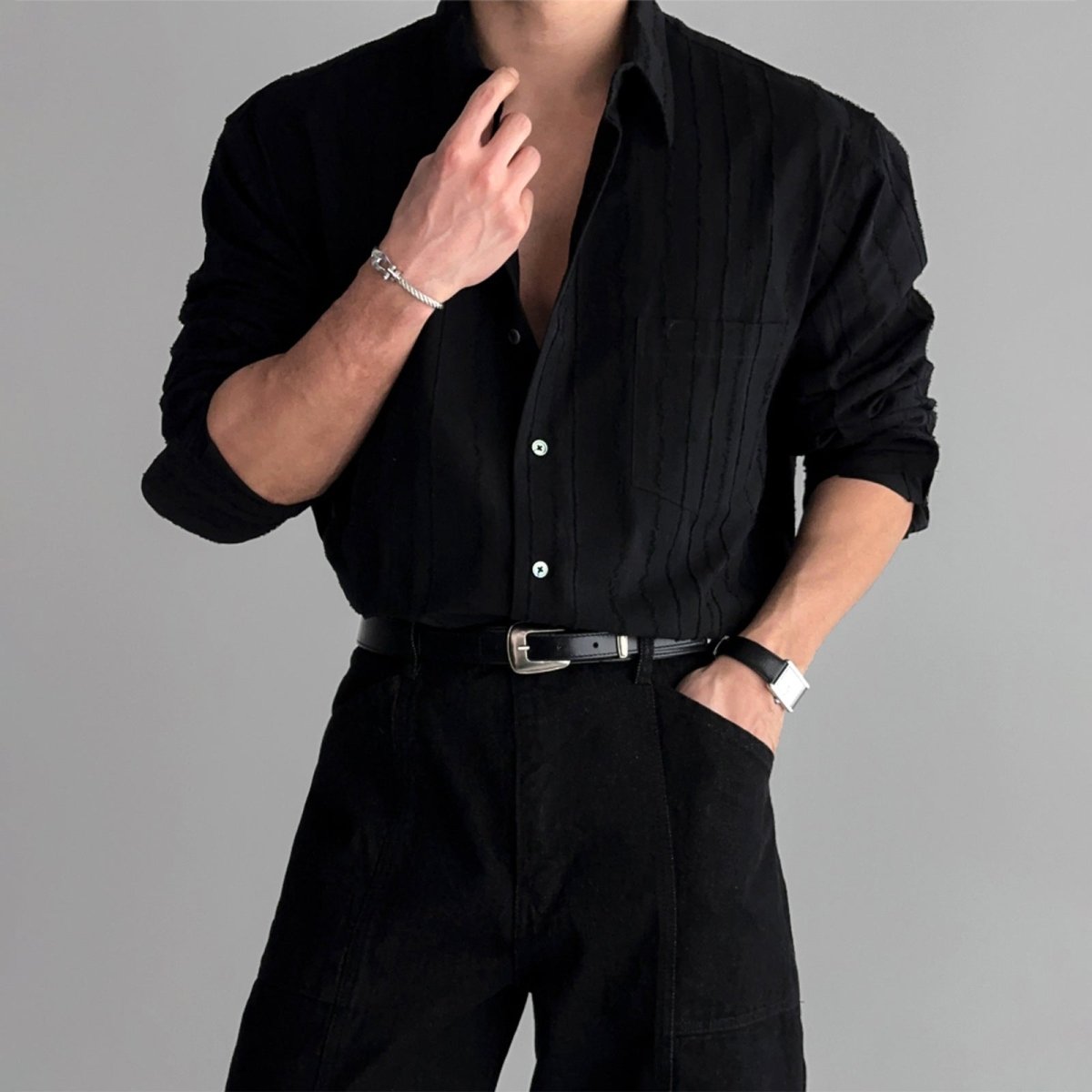 New High - end Textured Wide Solid Color Thin Pocket Long Sleeve Shirt - Eshtree