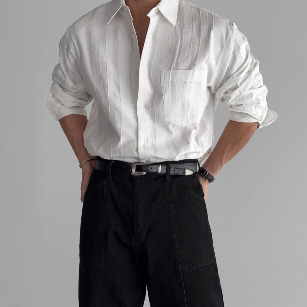 New High - end Textured Wide Solid Color Thin Pocket Long Sleeve Shirt - Eshtree