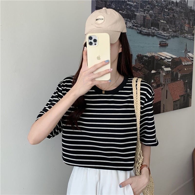 New Korean Style Back Patch Striped Short - sleeved Women's T-shirt - Eshtree