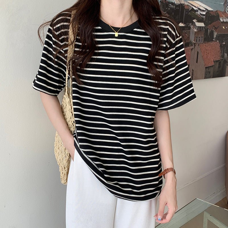 New Korean Style Back Patch Striped Short - sleeved Women's T-shirt - Eshtree
