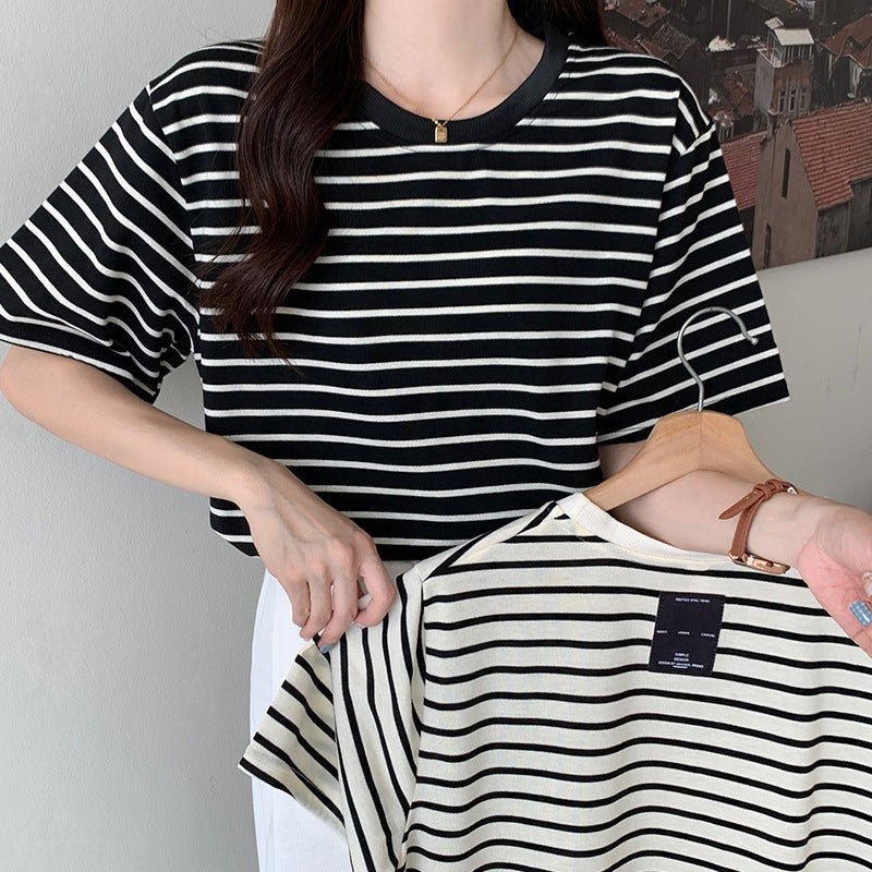 New Korean Style Back Patch Striped Short - sleeved Women's T-shirt - Eshtree