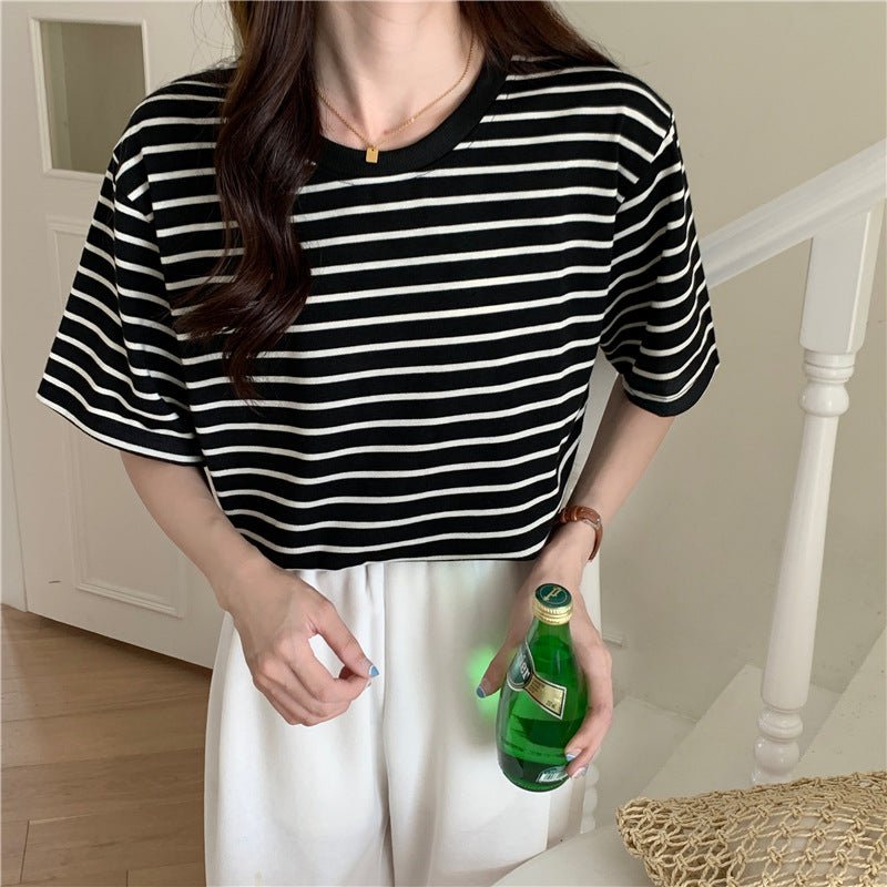 New Korean Style Back Patch Striped Short - sleeved Women's T-shirt - Eshtree