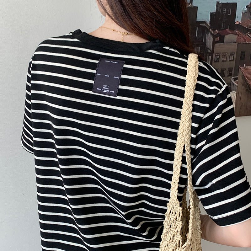 New Korean Style Back Patch Striped Short - sleeved Women's T-shirt - Eshtree
