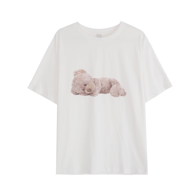 New Style Retro Bear Western Round Neck Loose Print Casual Bottoming T-shirt Short Sleeve Women - Eshtree