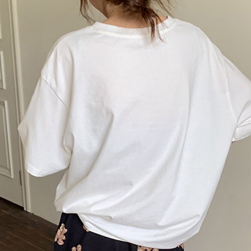 New Style Retro Bear Western Round Neck Loose Print Casual Bottoming T-shirt Short Sleeve Women - Eshtree