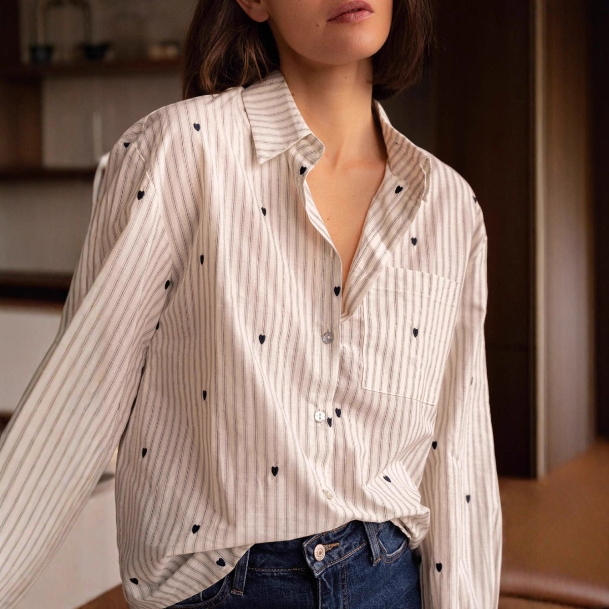 New Womens Embroidered Shirt With A Stand - up Collar And Long Sleeves - Eshtree